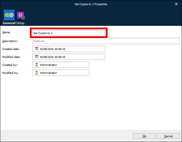 The JobInfo Manipulation Properties window, General tab.